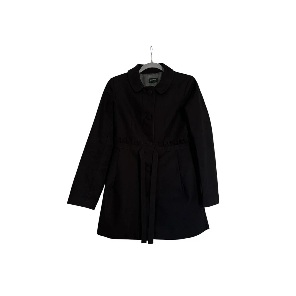J Crew Black Ruffled Pea Coat Coat Jacket Tie Waist - Picture 6 of 6